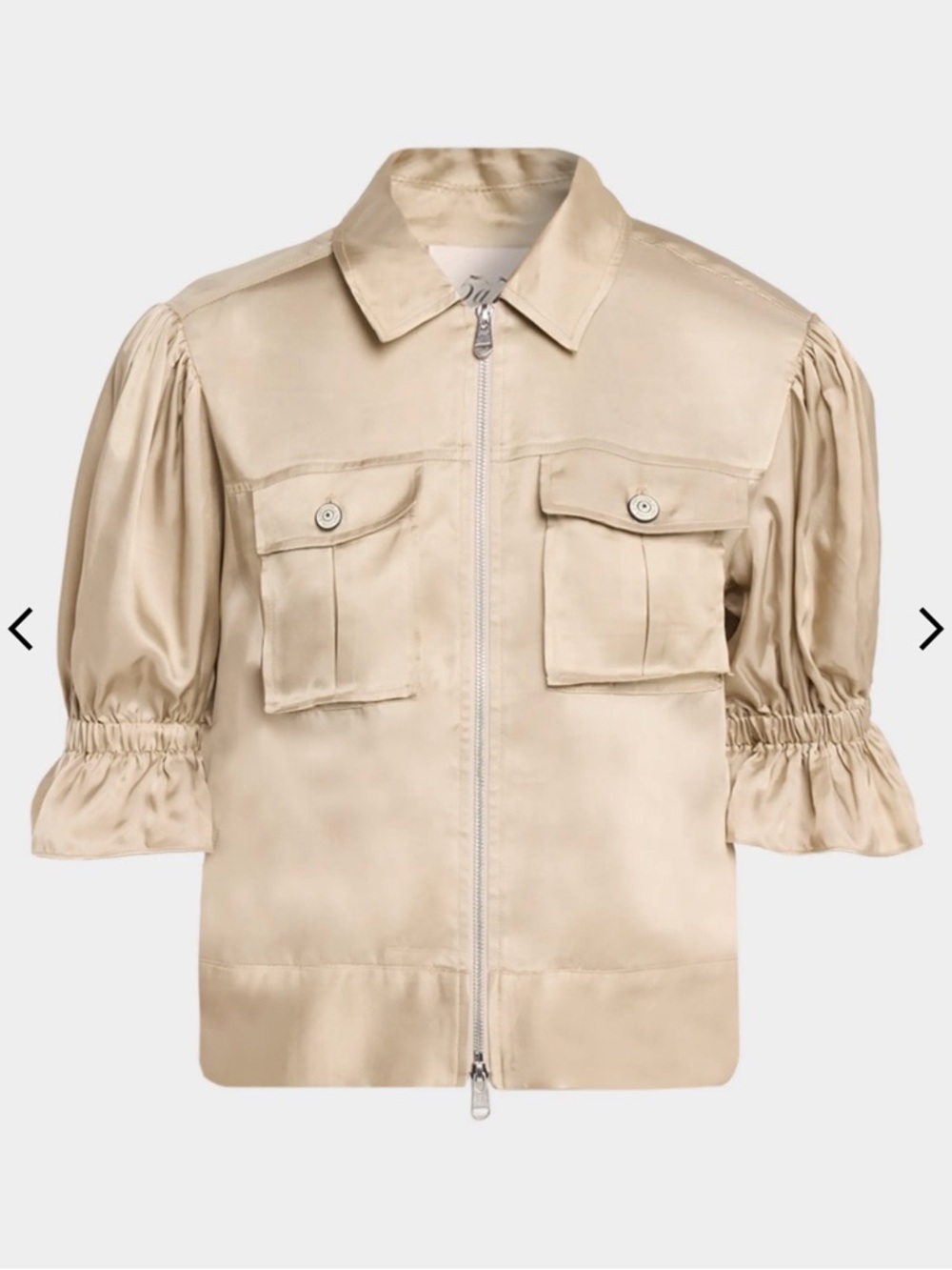 Luxe Cinq a Sept Classic Holly Jacket. Silky Beige Zip-Front Puff Sleeve Sz S